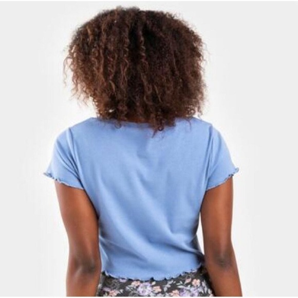 Alya Women's Cropped Lettuce Hem Greetings From Home T-Shirt Blue‎ Size Small - Picture 2 of 12